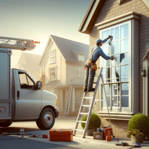 A worker on a ladder cleans a house window, with a van and tools nearby in a suburban setting.