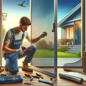 A man in overalls repairing a screen door, with tools spread around him on a sunny porch.