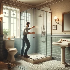 A man in a blue shirt and jeans cleans a glass shower door in a vintage bathroom with tiled walls and natural light.