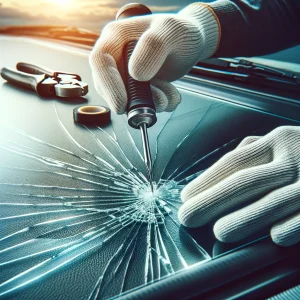Person wearing gloves using a tool to repair a crack on a car windshield with adhesive tape and cutter nearby.